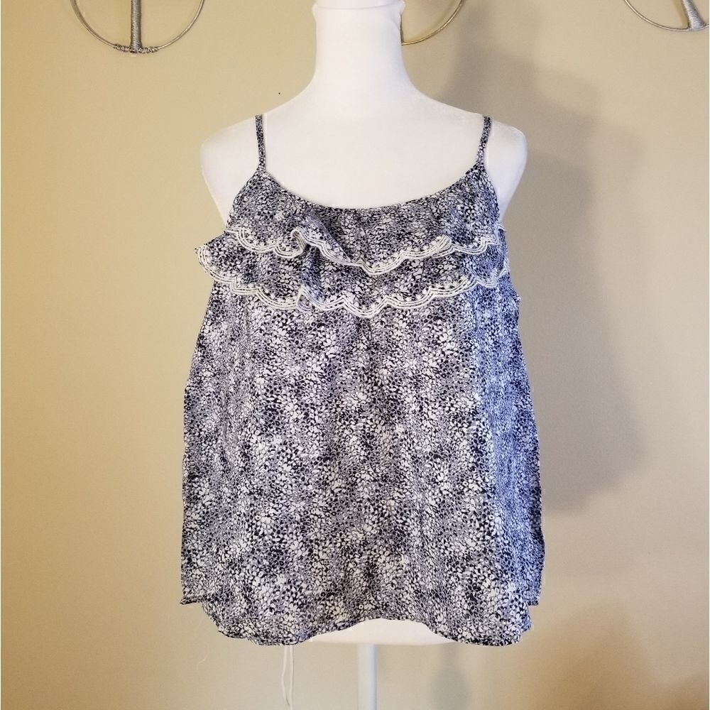 NWT! Banana Republic Blue White Mottled Print Scalloped Ruffle Tank Petite Small